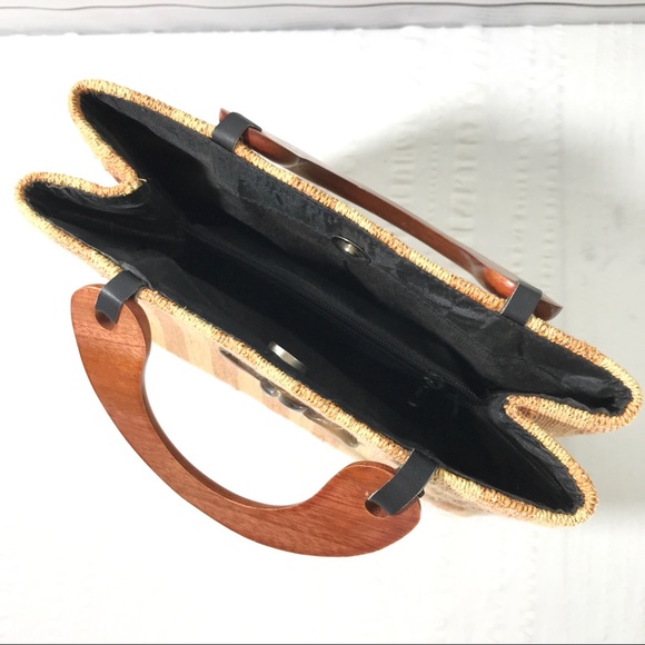 Beige Cream Striped Woven Paper Puka Shell Wood Handle Spring Summer Bea… - Picture 4 of 10